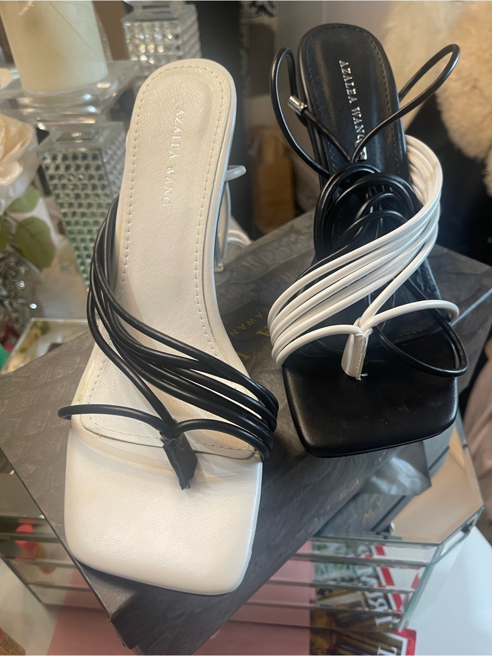 Azalea Wang Two-Tone Strappy Square-Toe Heels - Black & White - Picture 2 of 9